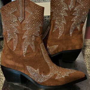 Brown suede rhinestone booties